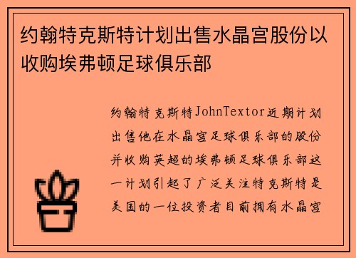 约翰特克斯特计划出售水晶宫股份以收购埃弗顿足球俱乐部